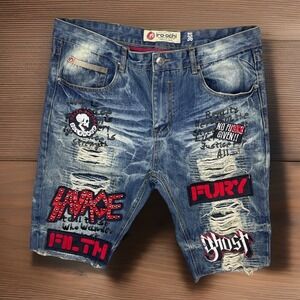 Vintage Iro Ochi Jean Shorts Graffiti Patches Y2K Distressed Limited Men Sz 36